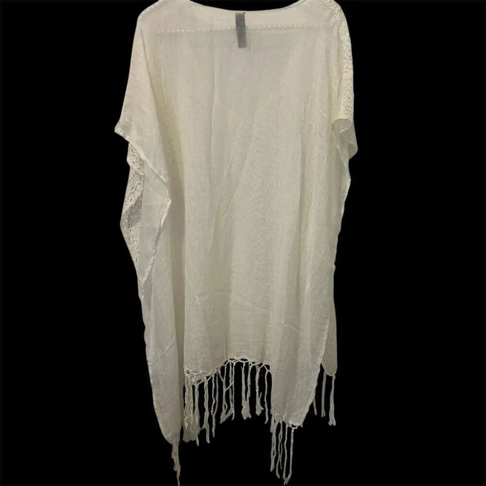 Express Kimono Poncho Lace Cover-Up Fringe Cream Womens OS Coastal Beach Boho